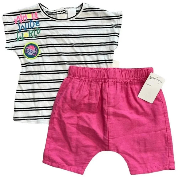 Open Edit Striped Pink Shorts Outfit Set 6m 9m 12m 18m - Picture 1 of 2